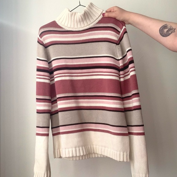 vintage pink striped cotton turtleneck sweater XL - Picture 1 of 4